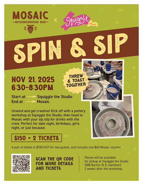 Mosaic x Squiggle - Spin n' Sip! - Nov 21 - 6:30-8:30PM