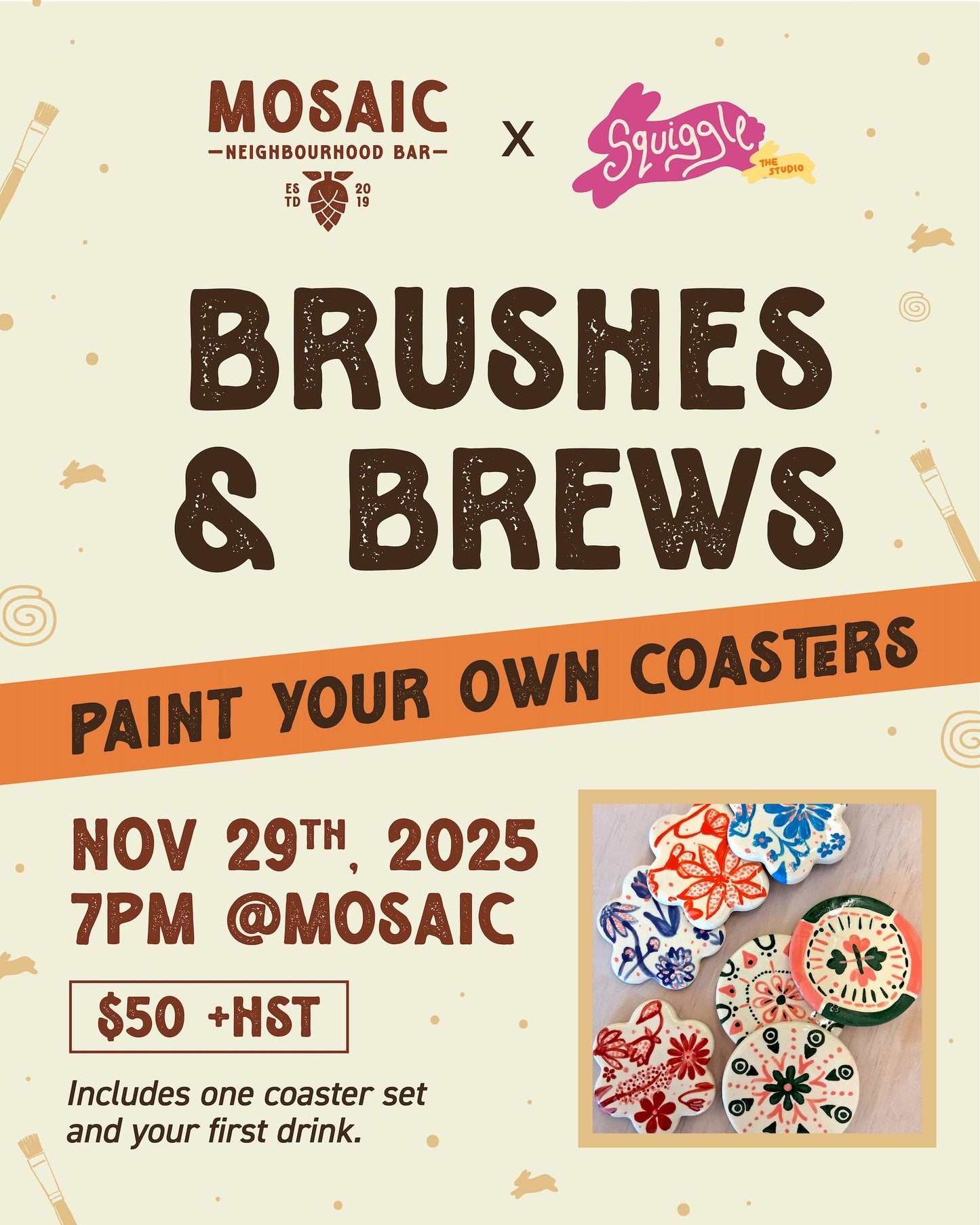 Mosaic x Squiggle - Paint Your Own Coaster Set - Nov 29 - 7-9PM