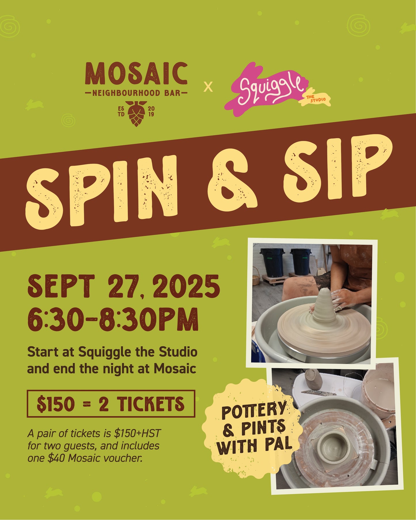 Mosaic x Squiggle - Spin n' Sip! - Sept 27 - 6:30-8:30PM